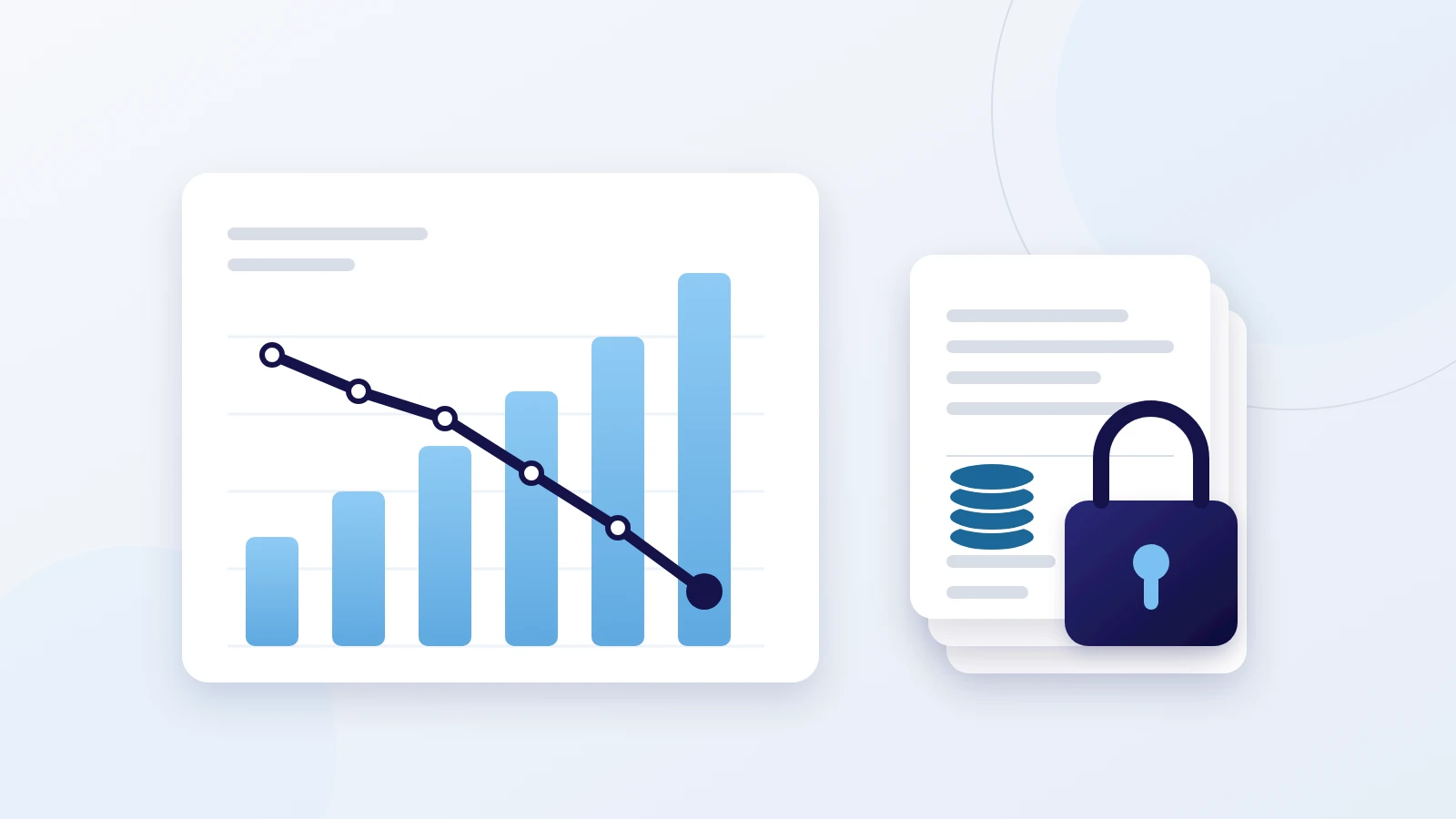Illustration: revenue bars rising while the cash line falls, with cash locked away