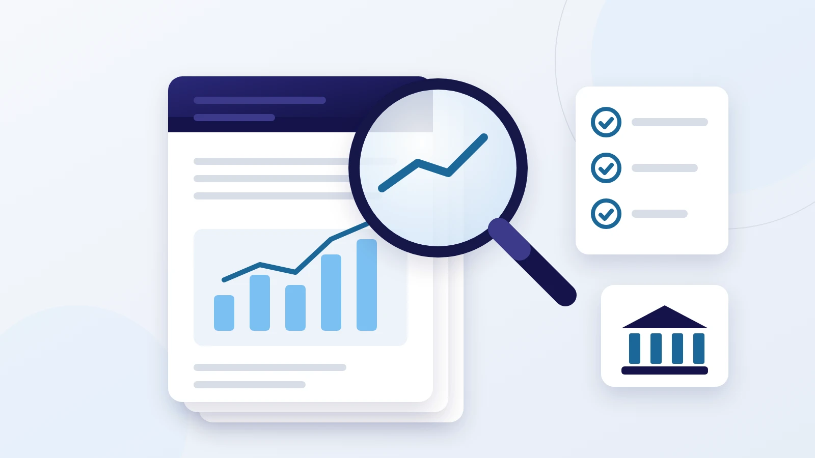 Illustration: a feasibility study under a magnifying glass, with a checklist