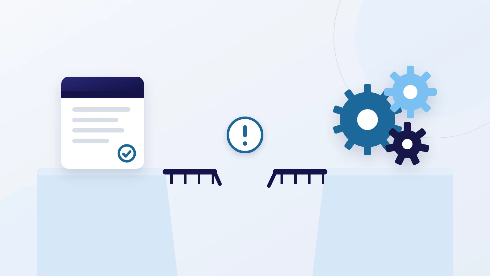 Illustration: a broken bridge between an approved strategy and the gears of execution