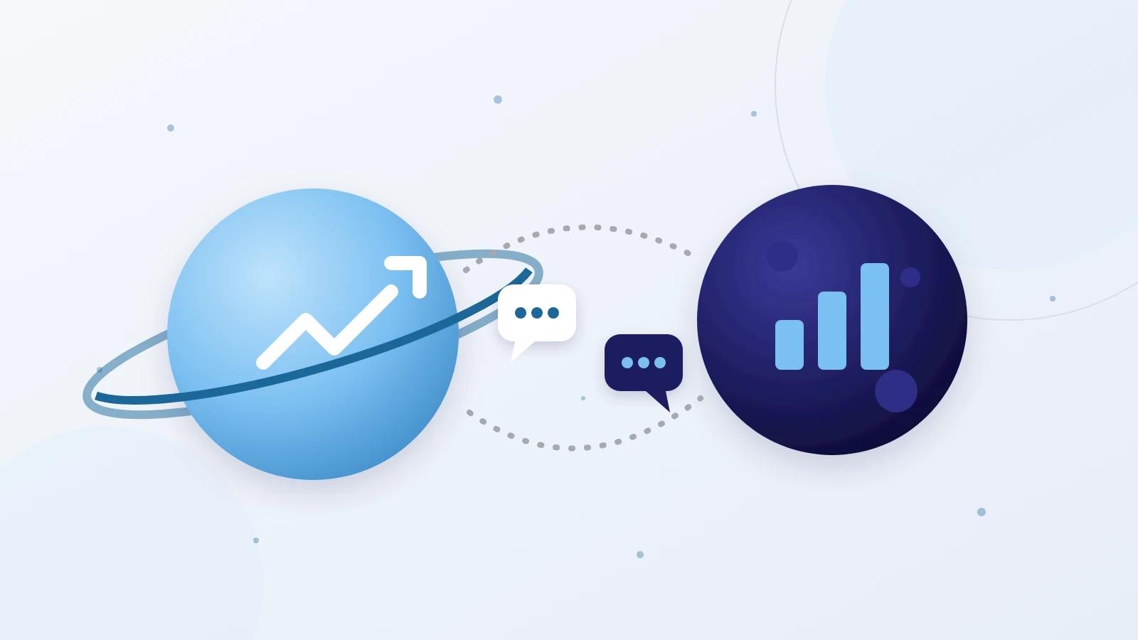 Illustration: two planets, one for sales and one for finance, connected by a conversation